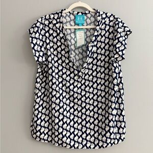 Women’s Escapada Navy & White Shell Print Geometric Blouse Tshirt Top-NWT -XL